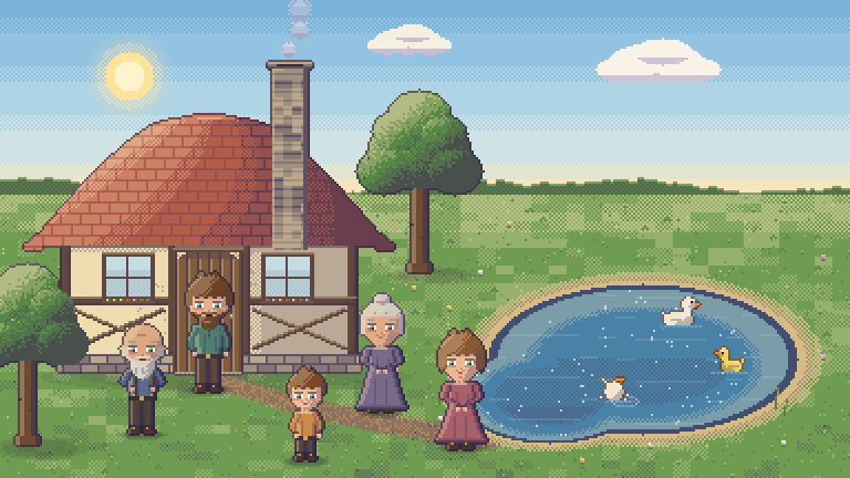A cozy Smolvale village scene with a family by a pond